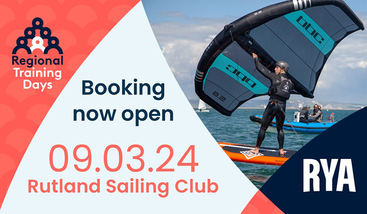 Graphic announcing Booking Now Open for Regional Training at Rutland Sailing Club, 9 February 2024, with link to booking page.
