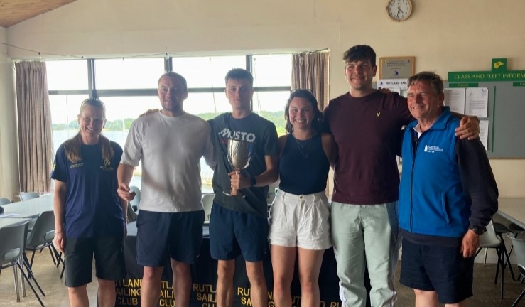 Team from Banbury SC with silver trophy after winning the British Keelboat League 2024 event at Rutland SC, with event organiser David Wilkins at the prizegiving in the clubhouse.