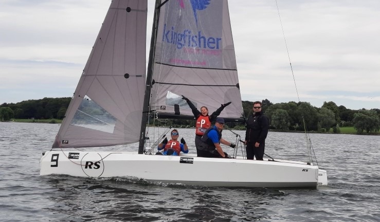 Team Hooper from Rutland SC celebrating on board an RS21 after qualifying for the British Keelboat League final 2024.