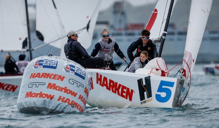 Skipper Heather Quinn and team approaching a mark at the RYA Harken Youth Match Racing Championship 2024 
