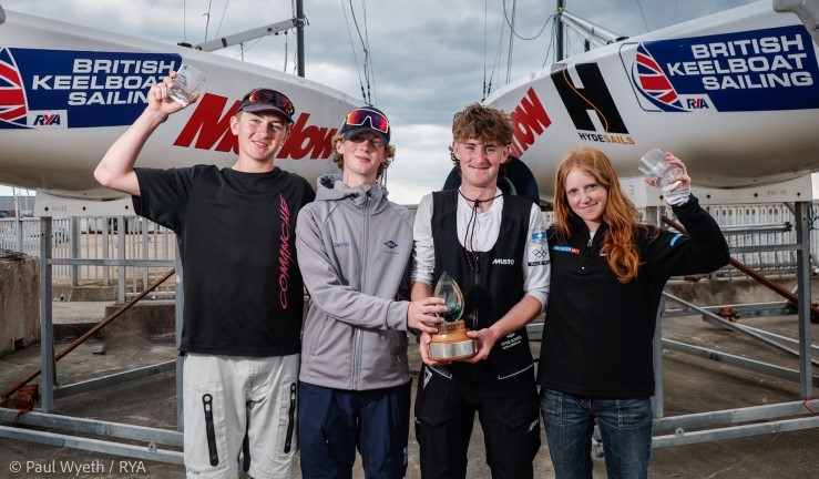 Winning RYA Harken Youth Match Racing Champions 2024 team of four from Ryde School pictured onshore with trophy in front of Elliott 6m keelboats logo'd up with British Keelboat Sailing on bows.