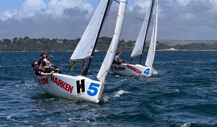 Two teams match racing in Elliott 6m keelboats upwind on a sunny day with clouds in the sky at the RYA Harken Youth Match Racing Championships 2023.