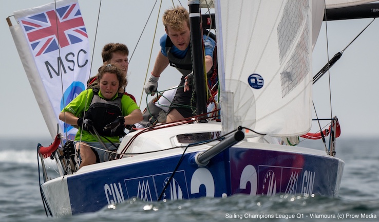 Marconi Sailing Club team in action in sunshine with Sailing Champions League - QUALIFIER 1, VILAMOURA, 2024, with GBR Union Jack flag with MSC flying from keelboat transom.