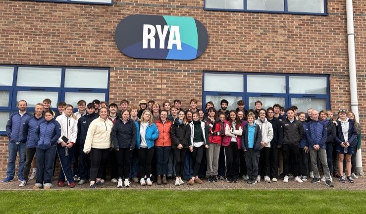 More than 40 applicants for the British Keelboat Academy 2025 in a group photograph with coaches at the selection weekend, outside the RYA head office in Hamble.