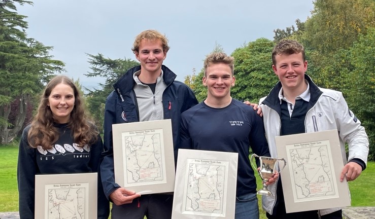 Winning team Ceilidh Cup 2024 holding the silver trophy and a presentation map each, left to right Sophie Taylor, Fergus Wilson, Hamish Taylor and Rory Ferrier.
