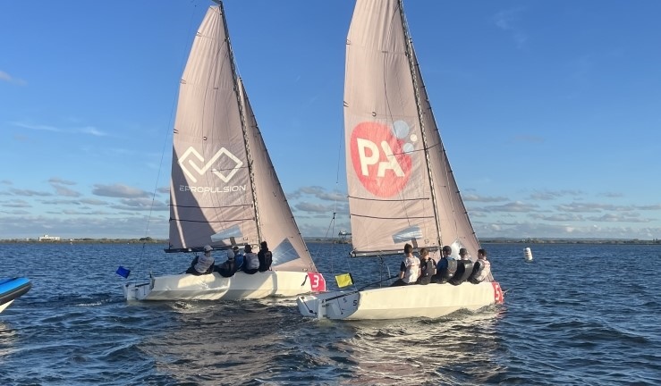 Two teams match racing RS21 keelboats in sunshine and blue skies at the RYA National Match Racing Championship Grand Finals 2024 at QMSC.