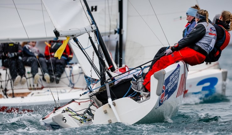 Close up transom view of a team match racing a rival in Elliott 6m keelboats at WPNSA.
