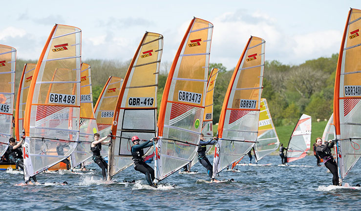Techno 293 windsurfers competing at the 2024 RYA Eric Twiname Championships