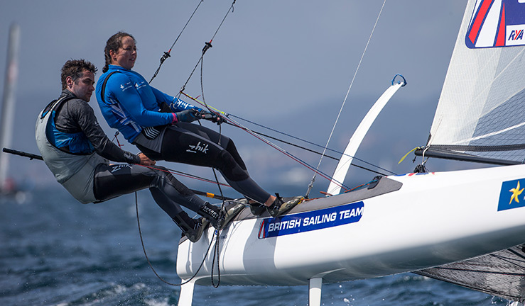Hannah Diamond racing with John Gimson in the Nacra 17 Olympic class.