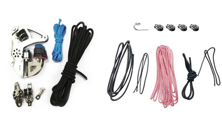 Performance Sailcraft’s complete vang (left) and outhaul (right) packs from Harken