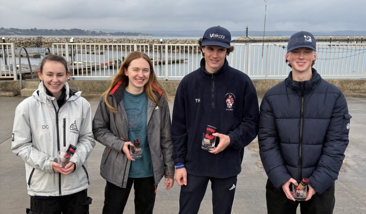 Winning team Qualifier 1 of the RYA Match Racing 2025 series on shore at WPNSA -  (L-R) Freya Pembery, Lucy Street, Terry Hacker, Killian Boag 