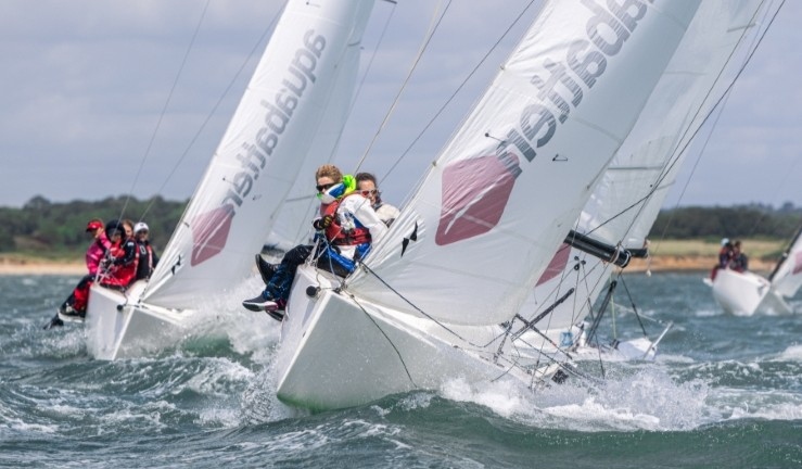 Two teams racing J70s upwind in breezy sunny conditions at the British Keelboat League Women's Qualifier 2025.