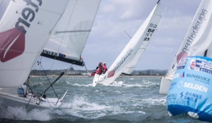 Three J70s approaching upwind racing mark in breezy sunny conditions at the British Keelboat League Women's Qualifier 2025.