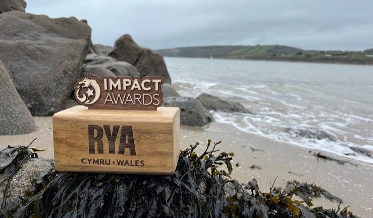 A wooden RYA Cymru Wales Impact Award pictured on a rock with seaweed by the seashore. 
