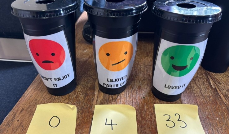 Three pots with sad, smiley and very smiley emoji faces inviting sailors to give feedback as to whether they enjoyed the Welsh Regional Junior Championships 2025 with 33 vots for 'I loved it', 4 for 'I enjoyed parts of it' and no votes for 'I didn't enjoy it'.