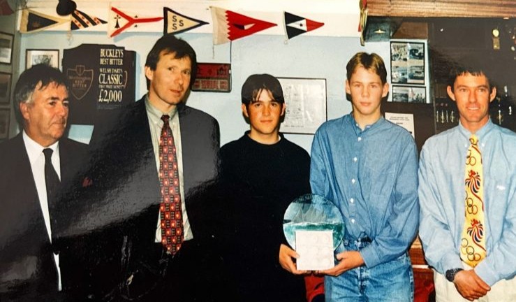 The late Laurence Roberts, former WYA Chair (left) at a presentation for Welsh Youth Sailors of the Year - Dave Jones and Mark Hogan - with Stephen 'Sparky' Park (right).