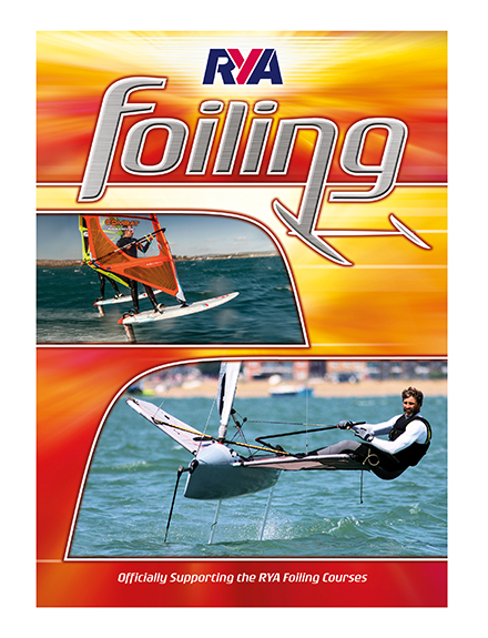 RYA Foiling G110 book cover. Orange cover with images of wind foiling and sail foiling