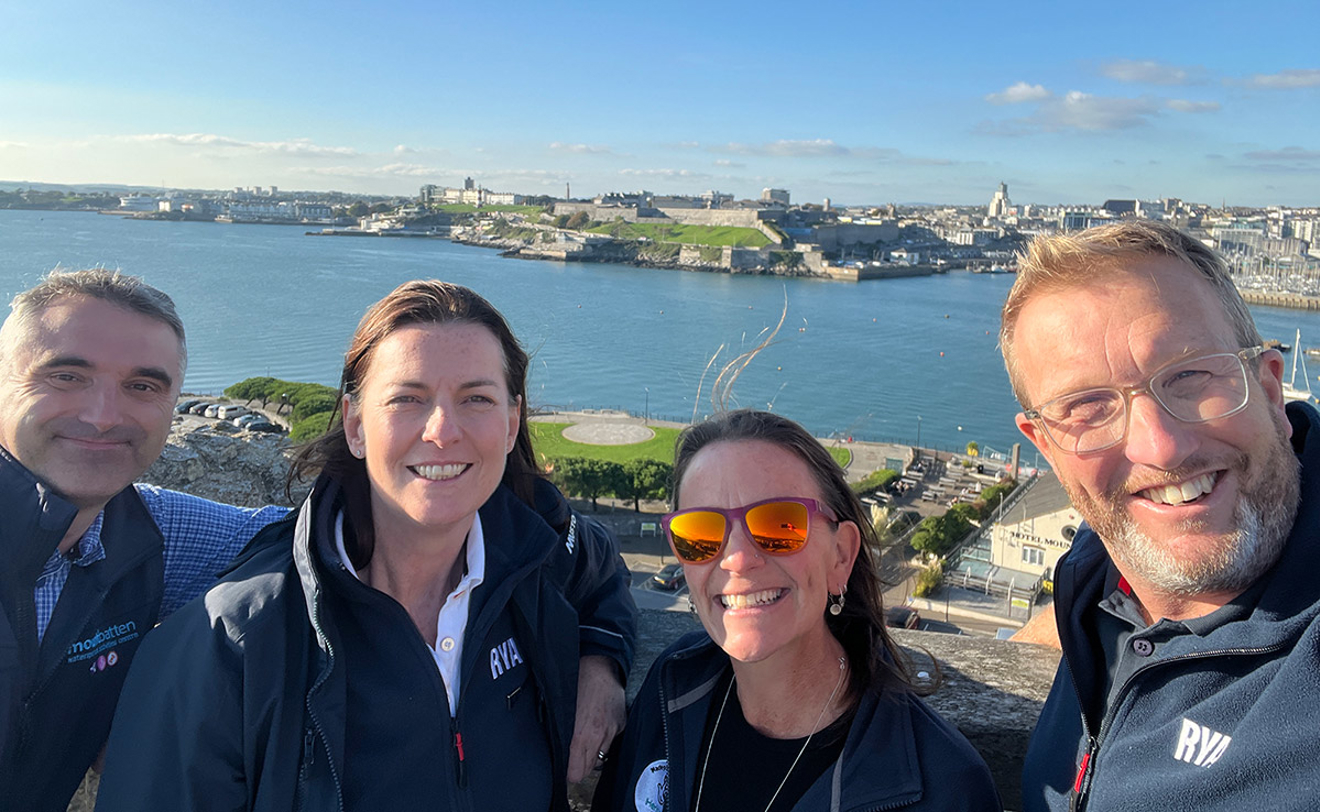RYA CEO Sara Sutcliffe chats with club and training centre staff during a tour of South West venues