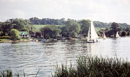 wide shot of a yacht sailing across a country lake