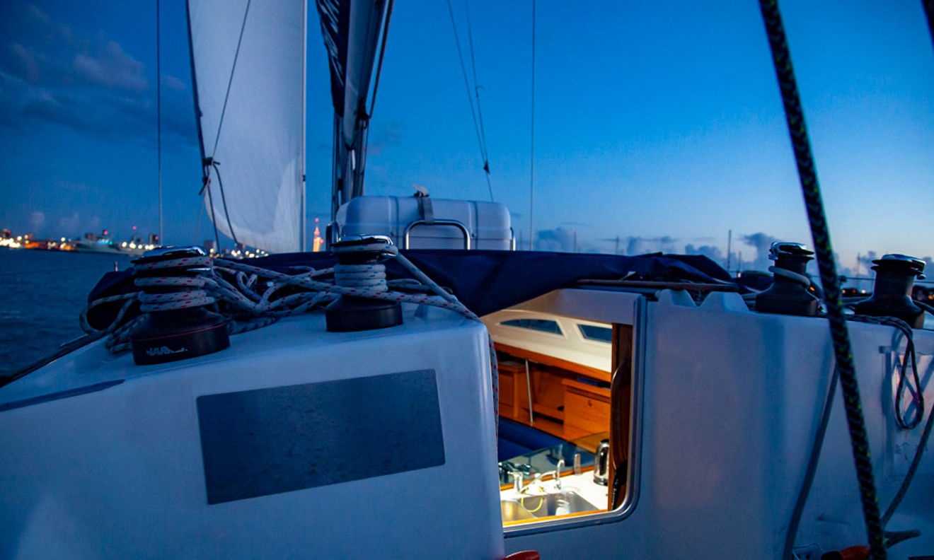 Inside of boat cabin at night 