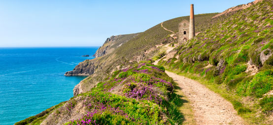 Long shot of trail going along a cliff with flowers and an old building