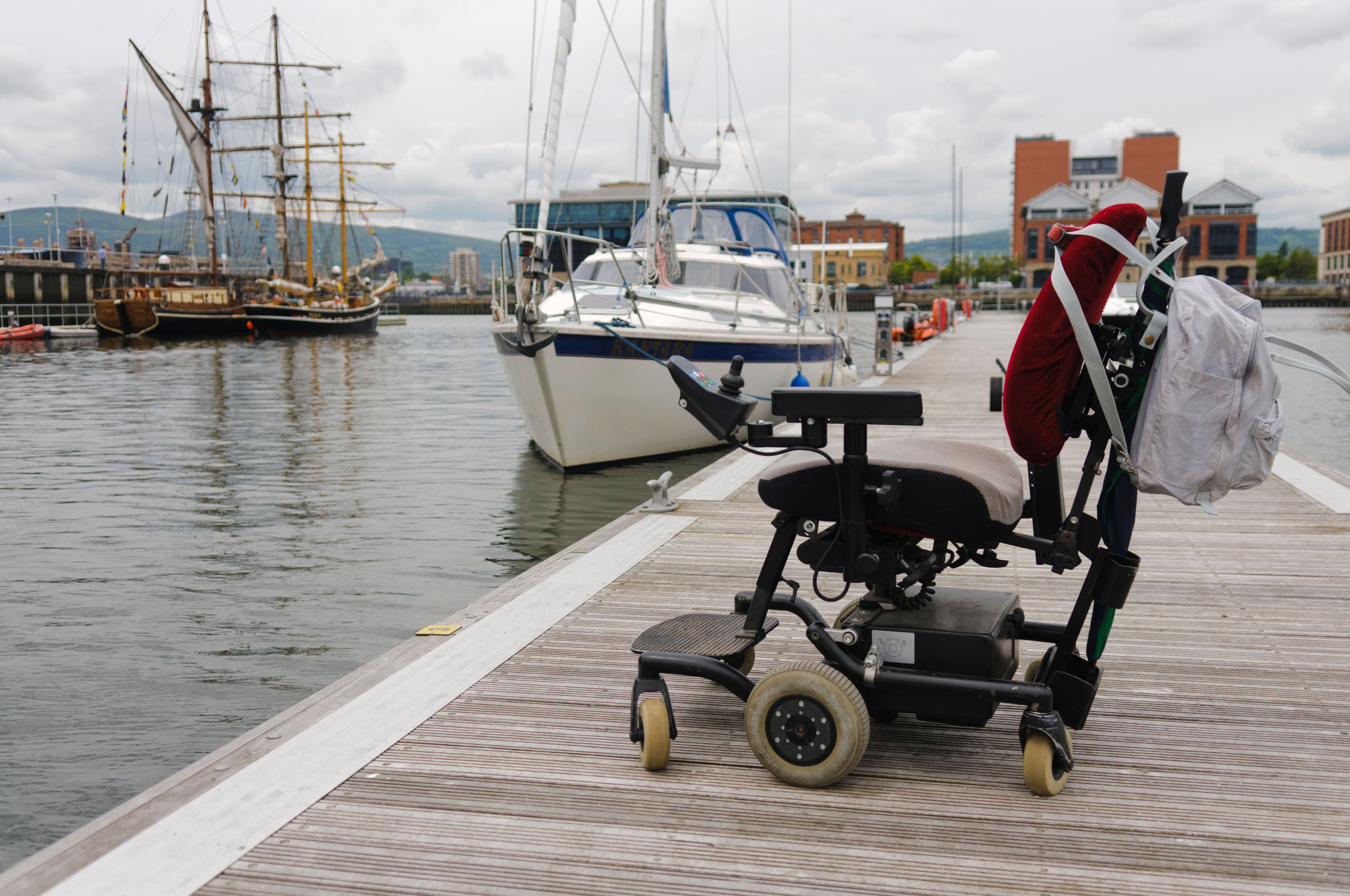Mid shot of wheelchair on a dock