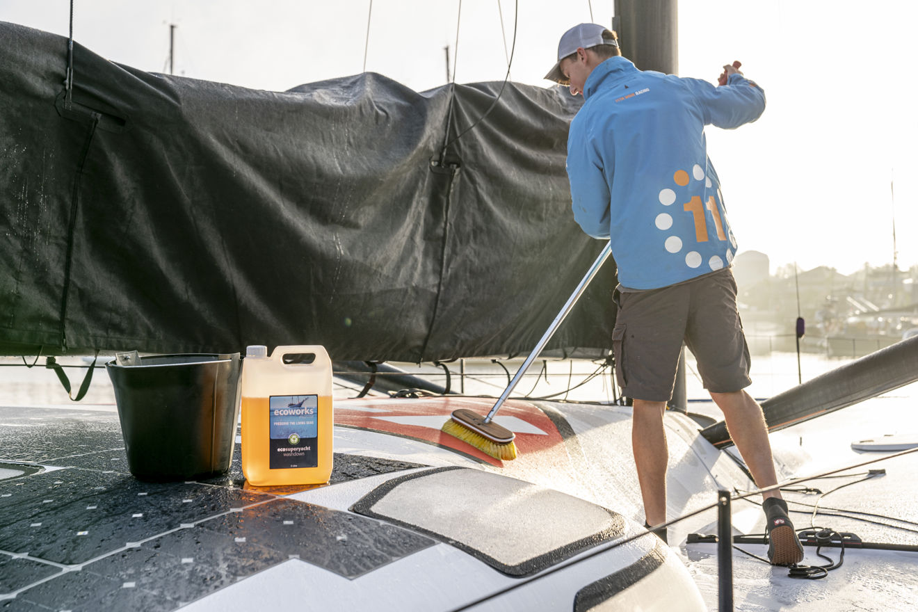 man washing down yachts with ecoworks cleaning products
