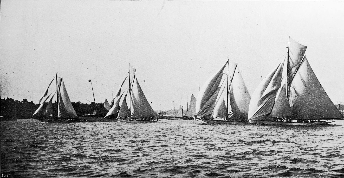 Black and white photograph of traditional wooden sail boats