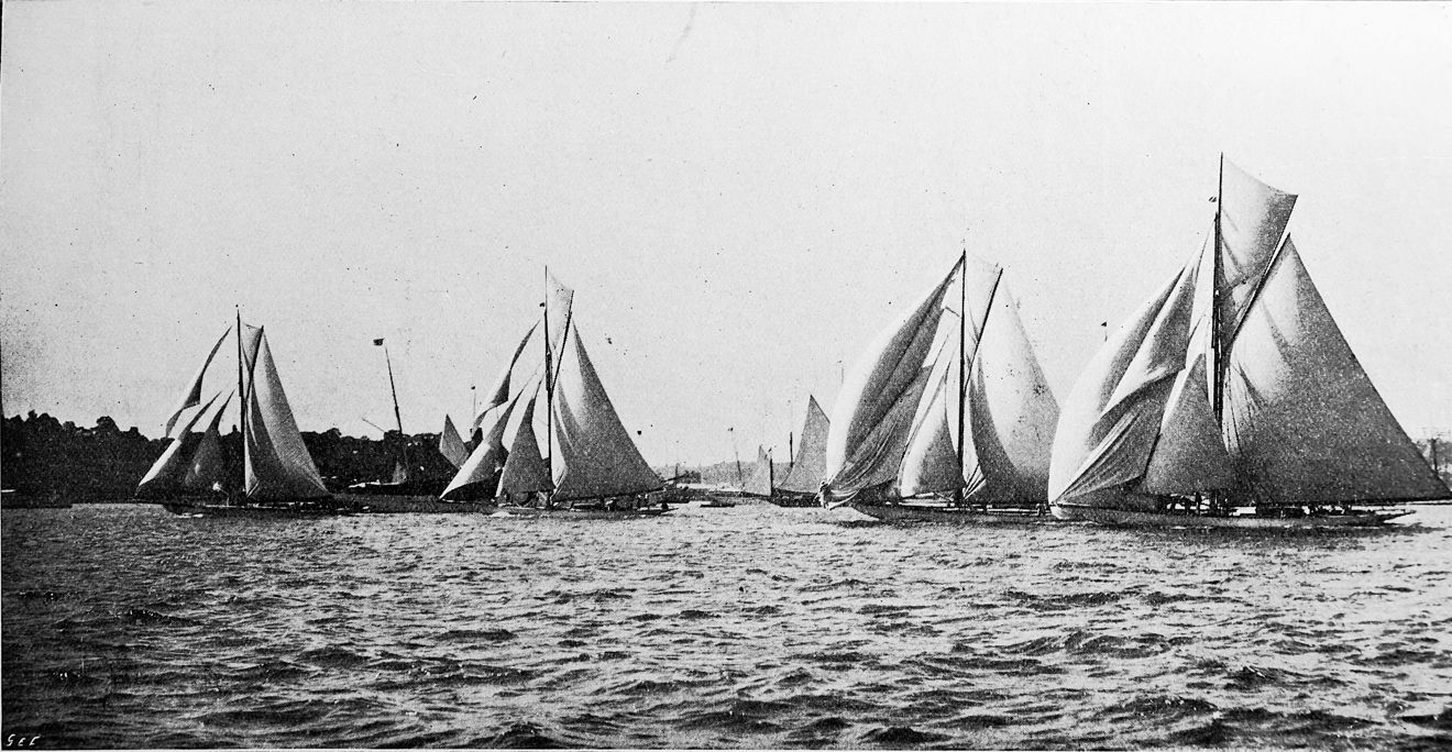 Black and white photograph of traditional wooden sail boats