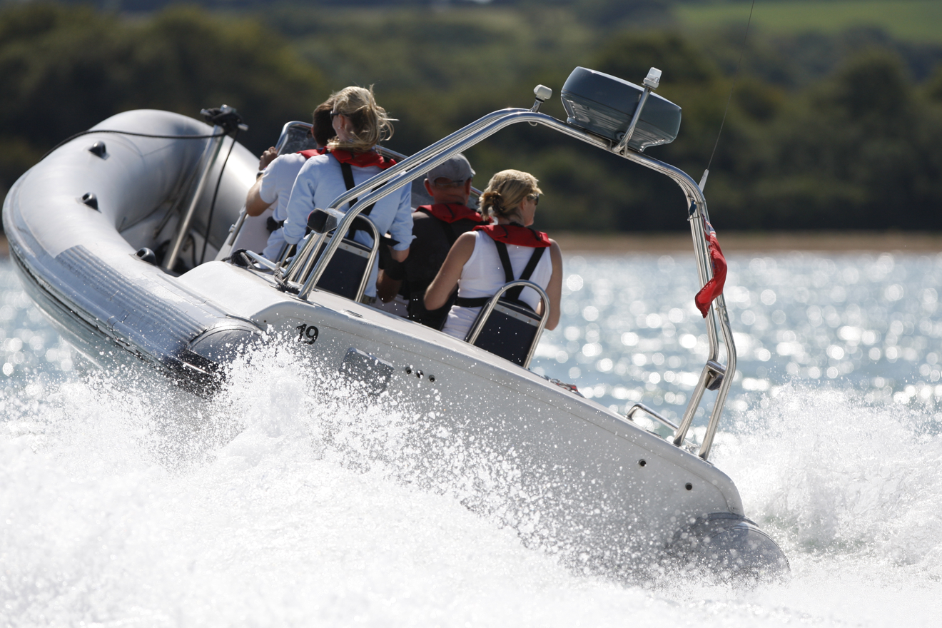 Powerboat bow lifted upwards with speed