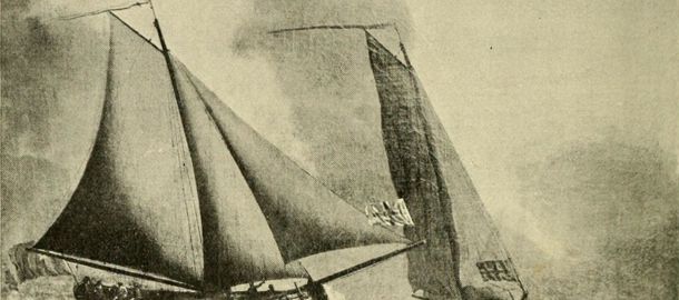 Sketch of traditional wooden sailing boats in a storm