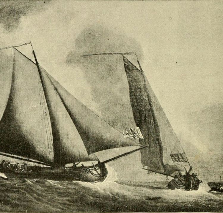 Sketch of traditional wooden sailing boats in a storm