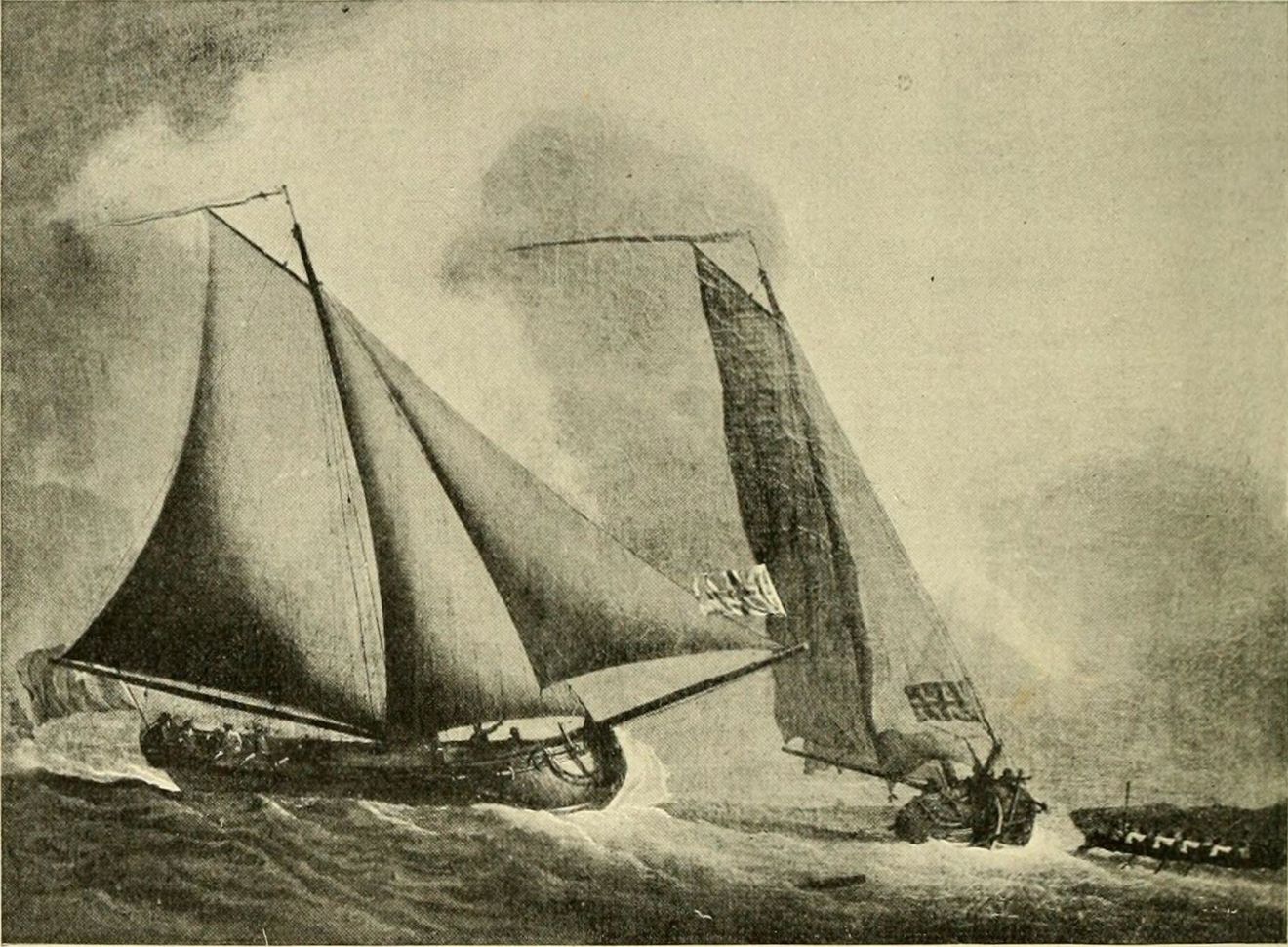 Sketch of traditional wooden sailing boats in a storm