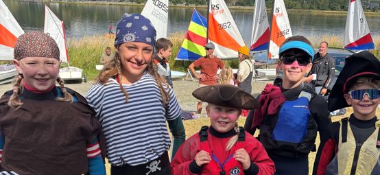 Five young sailors dressed as pirates on shore at Bala Sailing Club at the 2026 Welsh Sailing OnBoard Festival.
