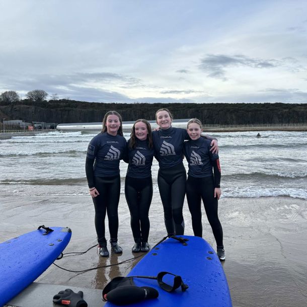 Some of the group post-surf at Lost Shore Surf Resort during the first Youth Voices in-person weekend