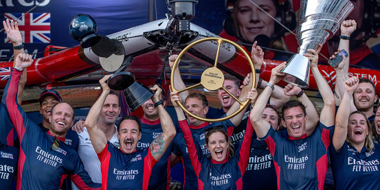 Emirates Great Britain SailGP team celebrate capturing the 2025 season victory