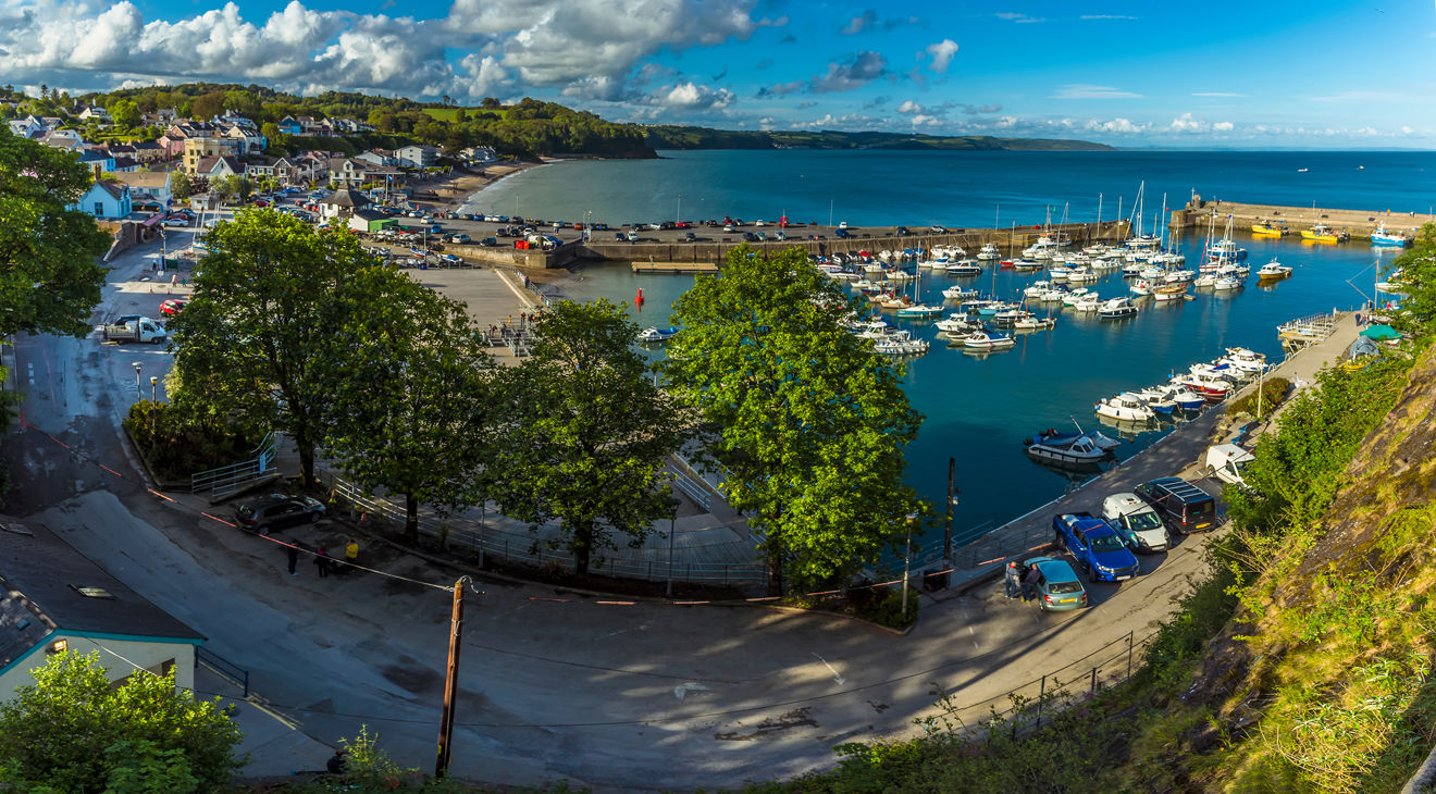 Wide shot blue waters of Carmarthen Bay