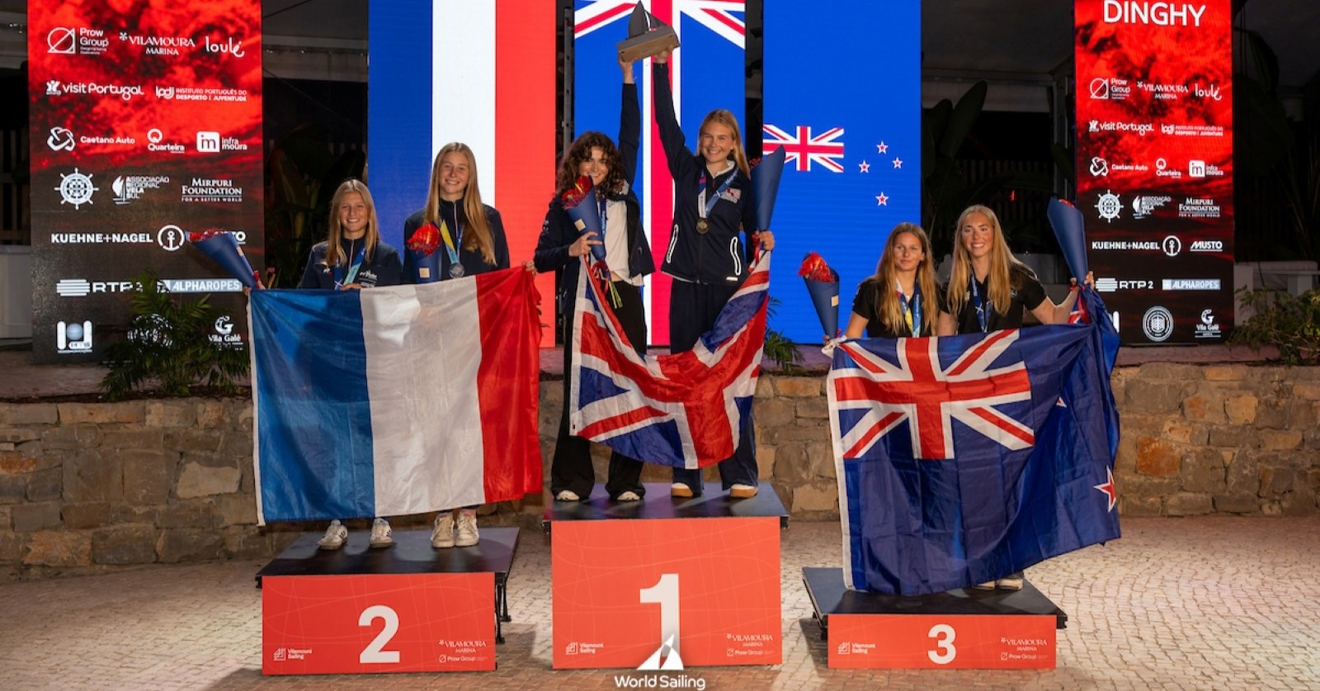 Sabine Potter & Merle Nieuwland on the podium at the Youth Sailing World Championships after winning gold © 2025 Prow Media / World Sailing