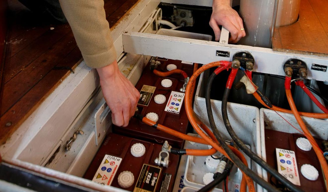 close up of electrical system batteries