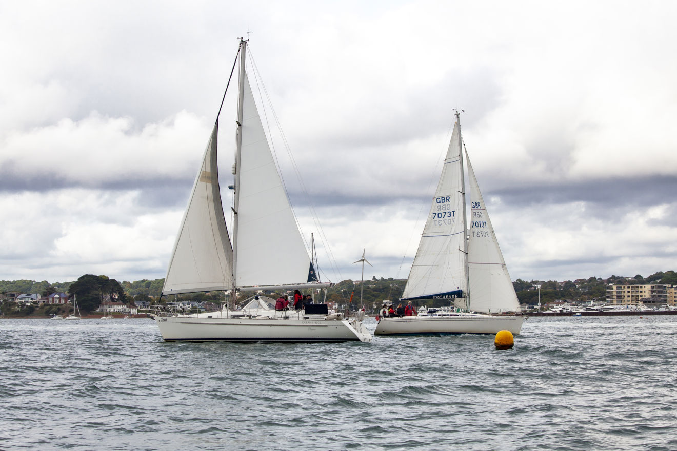 2 yachts passing each other on the river