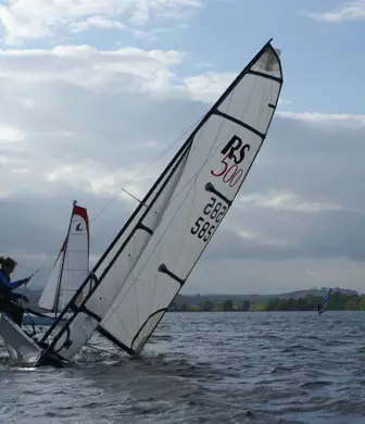 Two people leaning out (hiking) of an RS500 sail boat to help steer