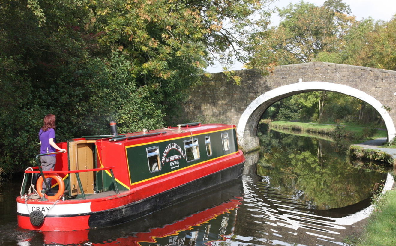 Narrow boat passing through bridge