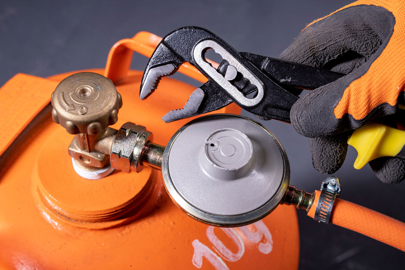 Close up of safety check on boat gas cannister