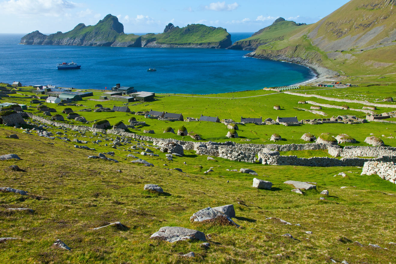 An aerial view of the Village Bay, St Kilda, Scotland