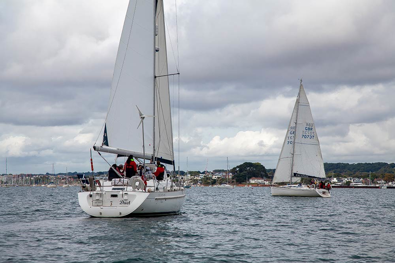 two yachts sailing in the ocean, one close, and one further away