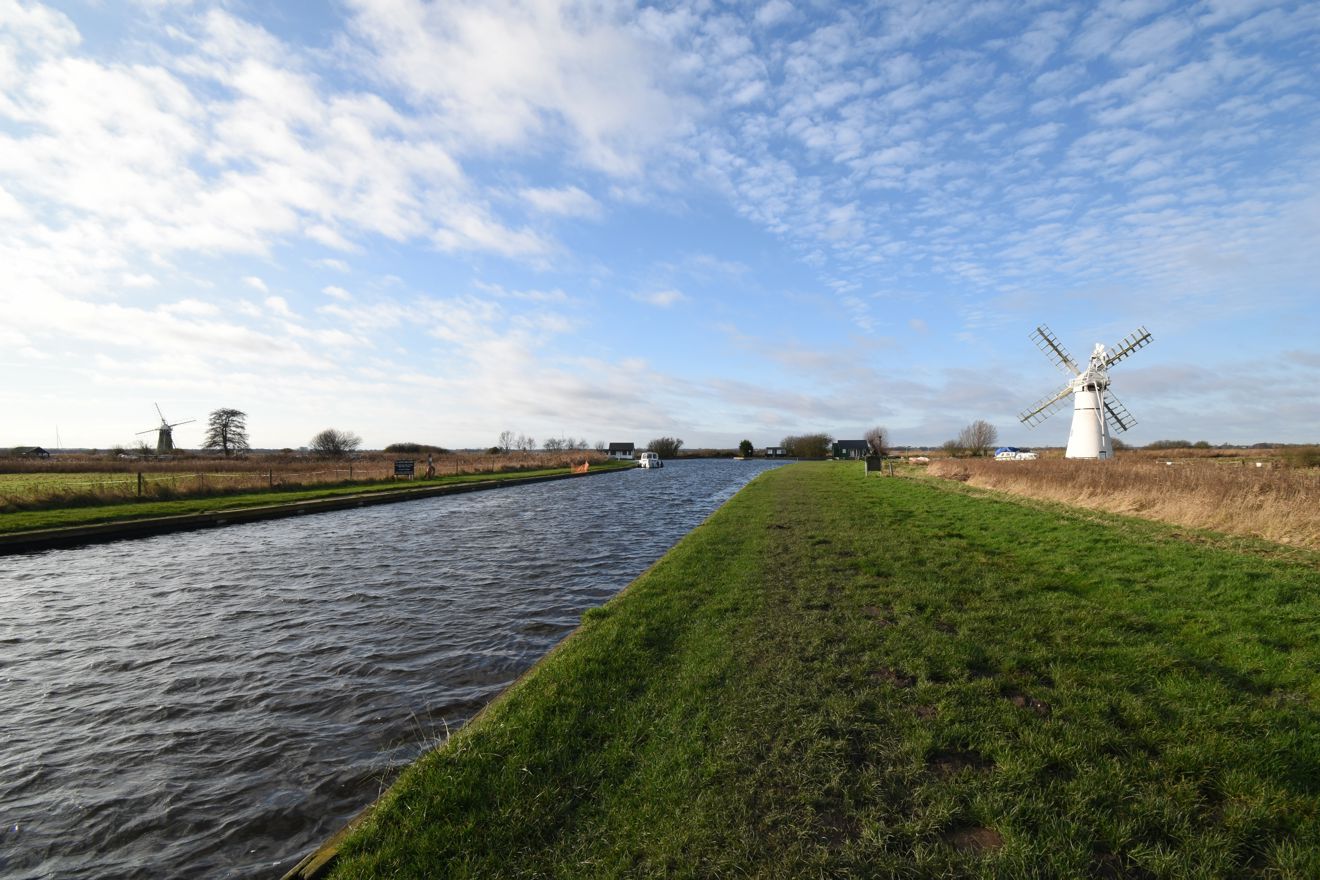An image of Wide shot of windmill on Norfolk Broads
