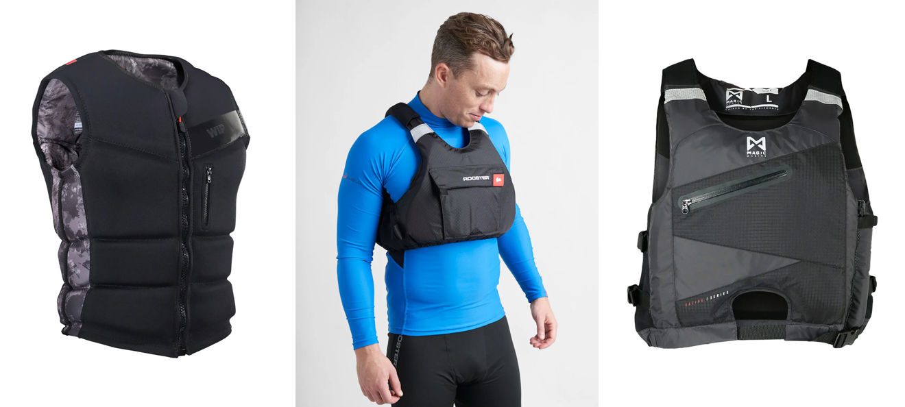 (l to r) the Forward WIP Raley Impact Vest; Rooster's Diamond Overhead Buoyancy Aid; Magic Marine's Racing Buoyancy Aid