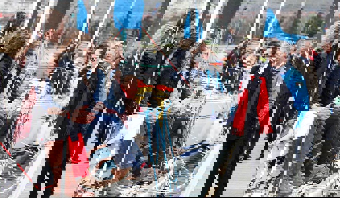 Wide shot of Princess Anne enjoying her time at the boat show