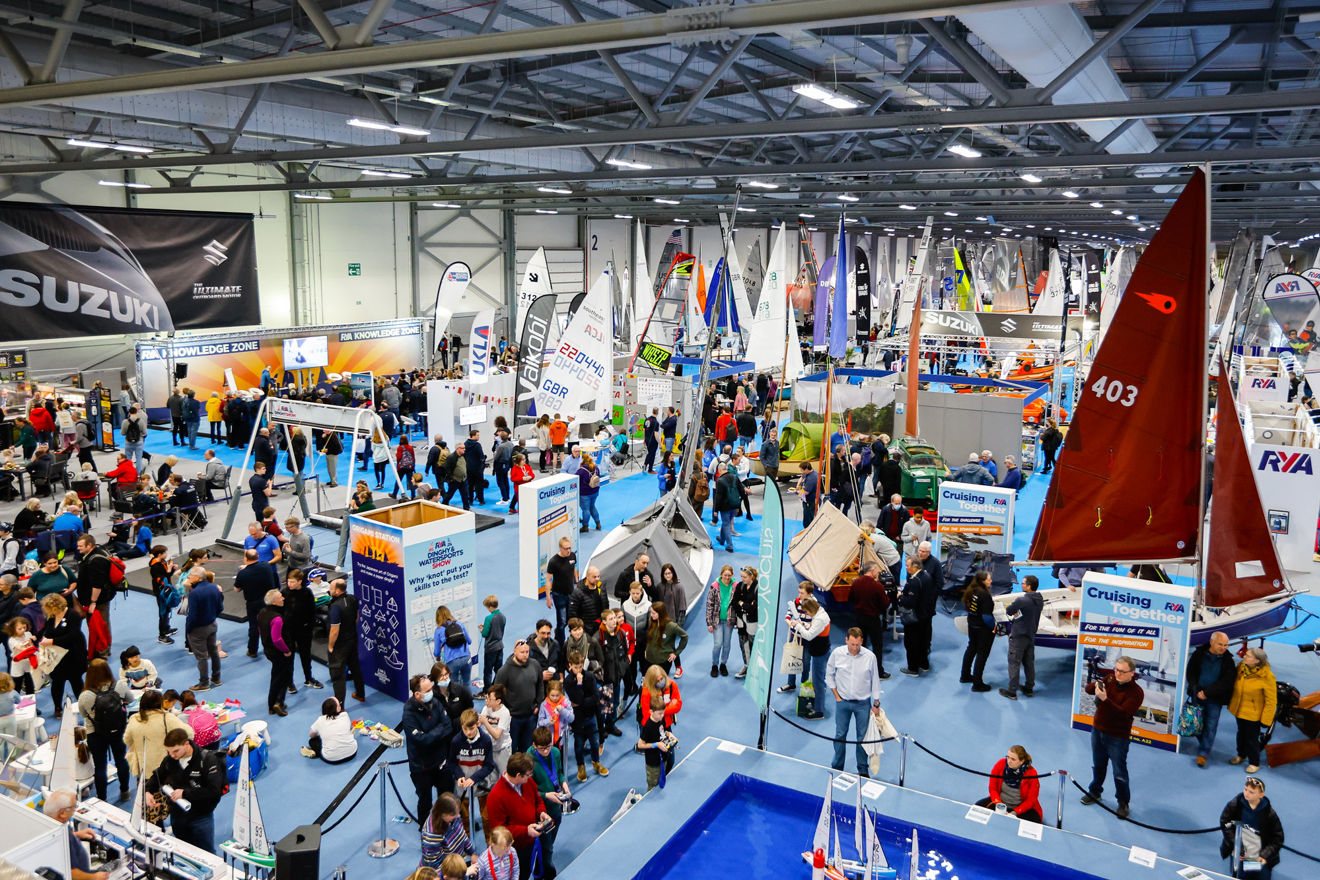 Very long shot of Dinghy Show exhibits