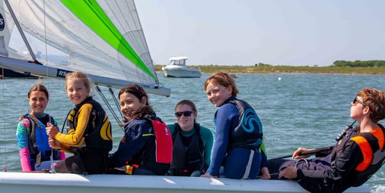 Mid shot of children smiling on boat